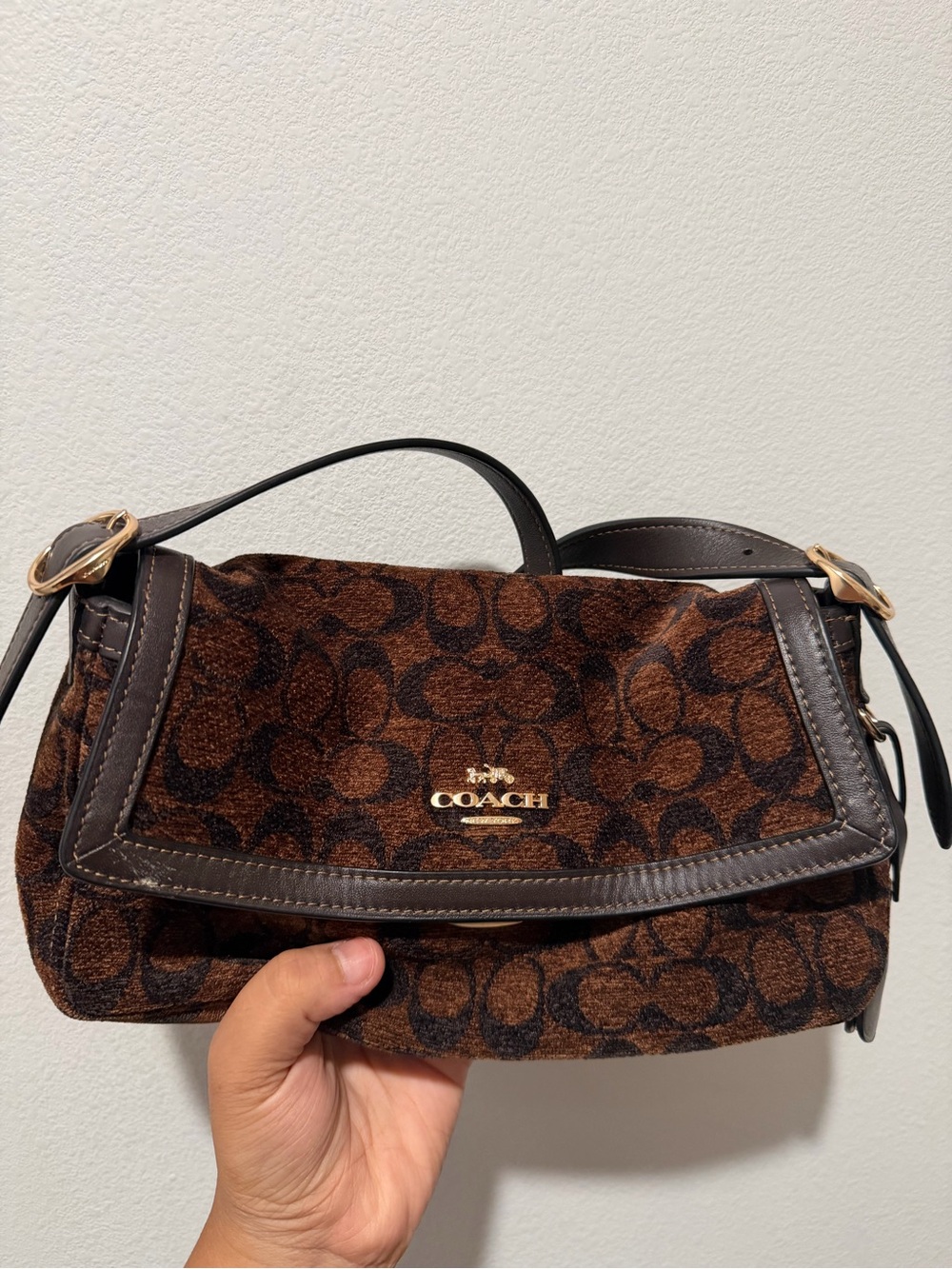 Coach Brown Signature Jacquard Shoulder Bag with Dark Brown Trim